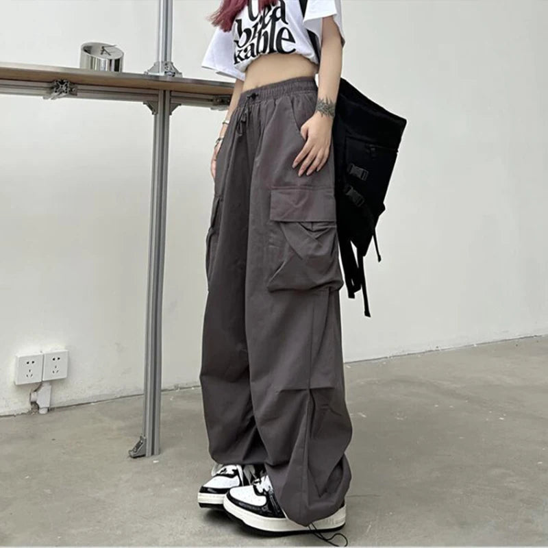 Joggers Tech Pants Solid Low Waist Pants Drawstring Wide Leg Baggy Trousers Y2k Streetwear Oversize Sweatpants
