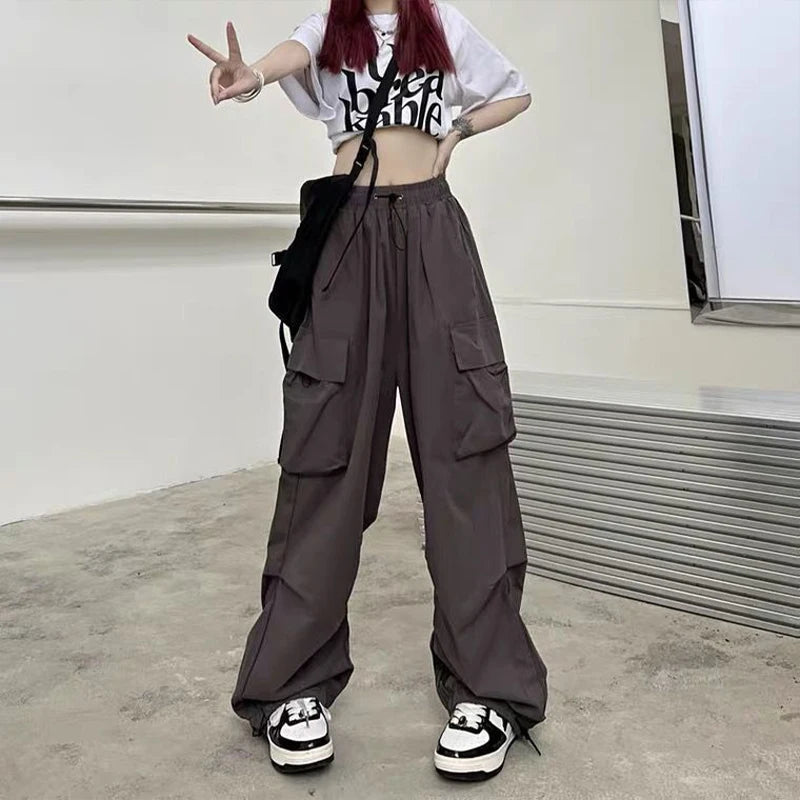 Joggers Tech Pants Solid Low Waist Pants Drawstring Wide Leg Baggy Trousers Y2k Streetwear Oversize Sweatpants