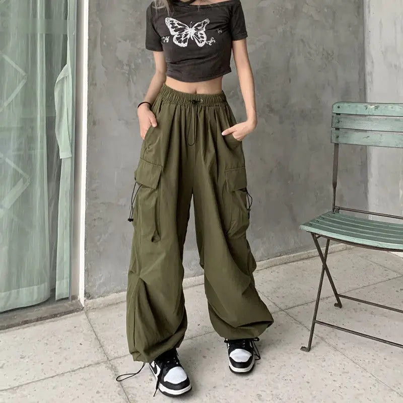 Joggers Tech Pants Solid Low Waist Pants Drawstring Wide Leg Baggy Trousers Y2k Streetwear Oversize Sweatpants