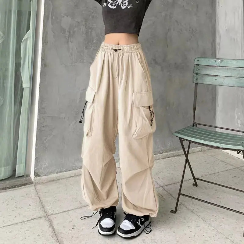 Joggers Tech Pants Solid Low Waist Pants Drawstring Wide Leg Baggy Trousers Y2k Streetwear Oversize Sweatpants