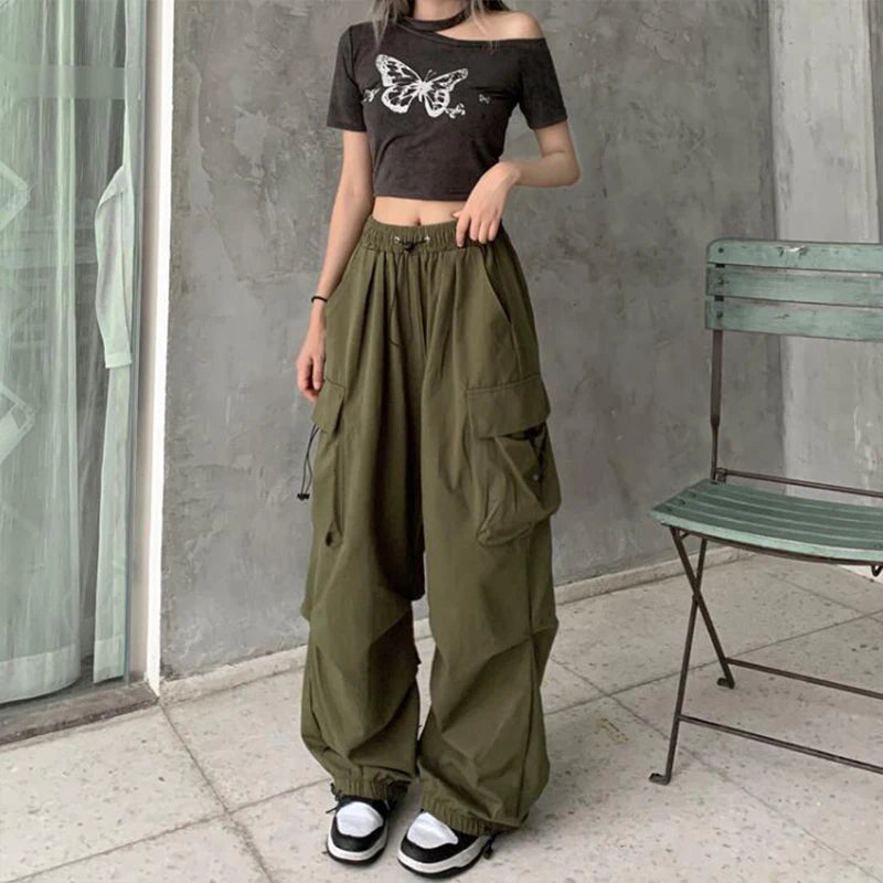 Joggers Tech Pants Solid Low Waist Pants Drawstring Wide Leg Baggy Trousers Y2k Streetwear Oversize Sweatpants