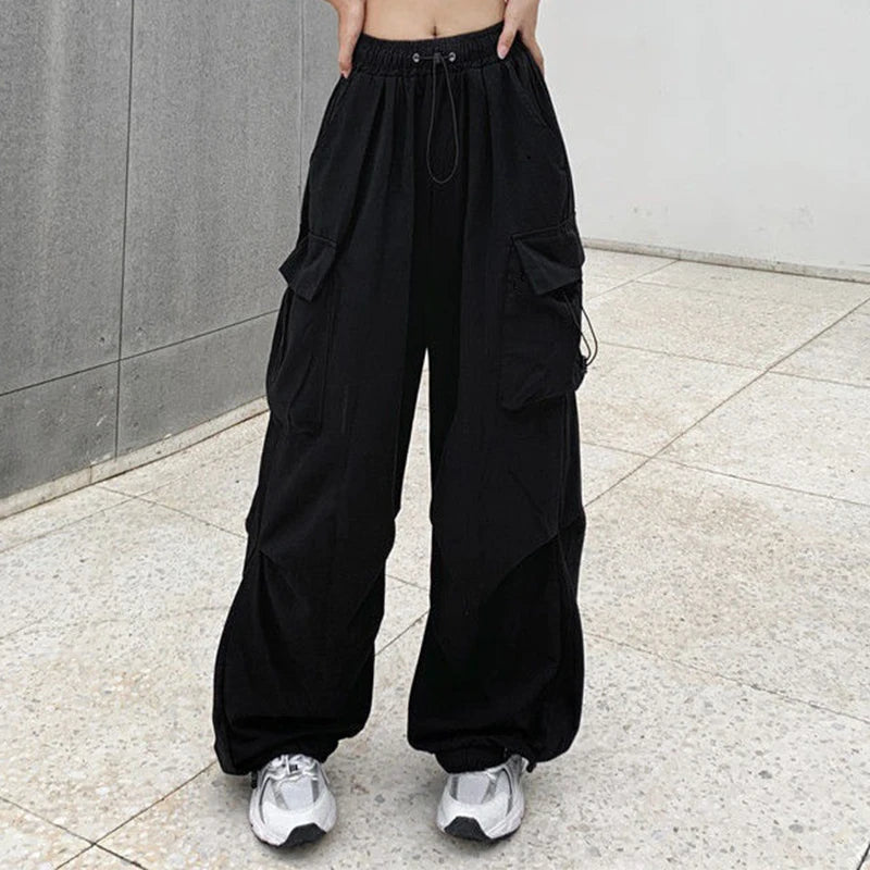 Joggers Tech Pants Solid Low Waist Pants Drawstring Wide Leg Baggy Trousers Y2k Streetwear Oversize Sweatpants