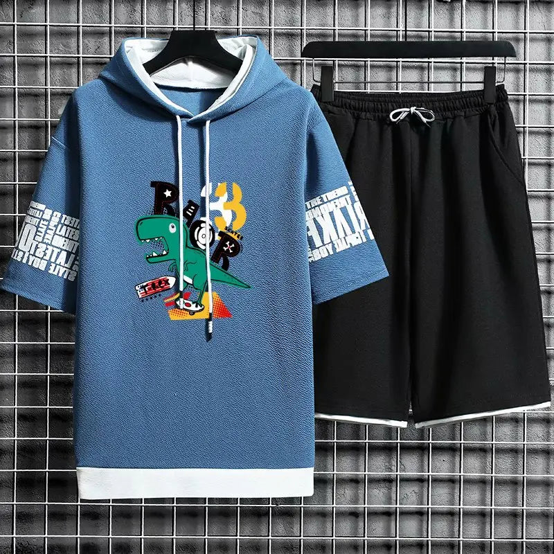 Streetwear Men's Sets Hip Hop Cartoon Men Clothes Hooded Short Sleeve T Shirts+Casual Elastic Waist Shorts Fashion Tracksuit Men