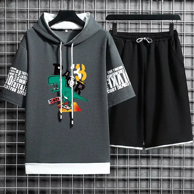 Streetwear Men's Sets Hip Hop Cartoon Men Clothes Hooded Short Sleeve T Shirts+Casual Elastic Waist Shorts Fashion Tracksuit Men