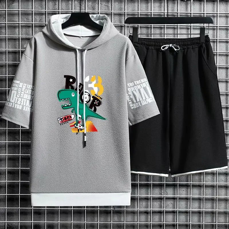 Streetwear Men's Sets Hip Hop Cartoon Men Clothes Hooded Short Sleeve T Shirts+Casual Elastic Waist Shorts Fashion Tracksuit Men