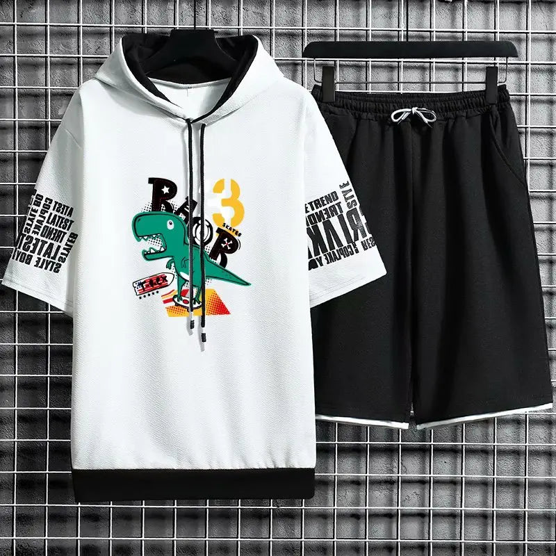 Streetwear Men's Sets Hip Hop Cartoon Men Clothes Hooded Short Sleeve T Shirts+Casual Elastic Waist Shorts Fashion Tracksuit Men