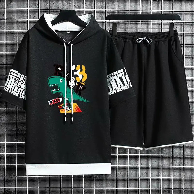 Streetwear Men's Sets Hip Hop Cartoon Men Clothes Hooded Short Sleeve T Shirts+Casual Elastic Waist Shorts Fashion Tracksuit Men