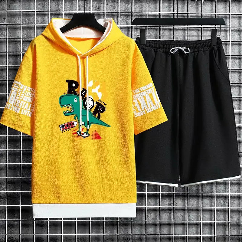 Streetwear Men's Sets Hip Hop Cartoon Men Clothes Hooded Short Sleeve T Shirts+Casual Elastic Waist Shorts Fashion Tracksuit Men