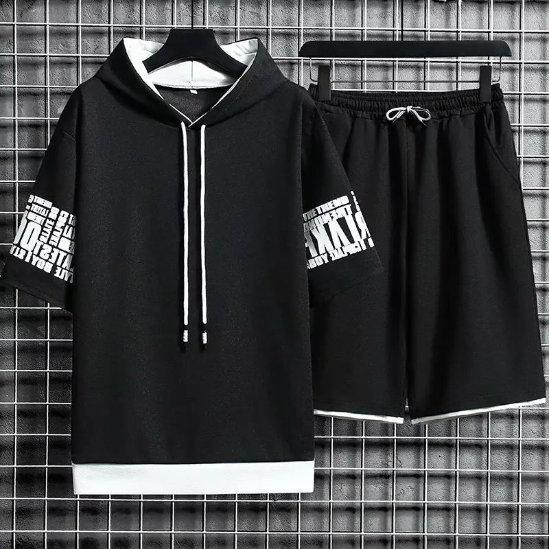 Streetwear Men's Sets Hip Hop Cartoon Men Clothes Hooded Short Sleeve T Shirts+Casual Elastic Waist Shorts Fashion Tracksuit Men