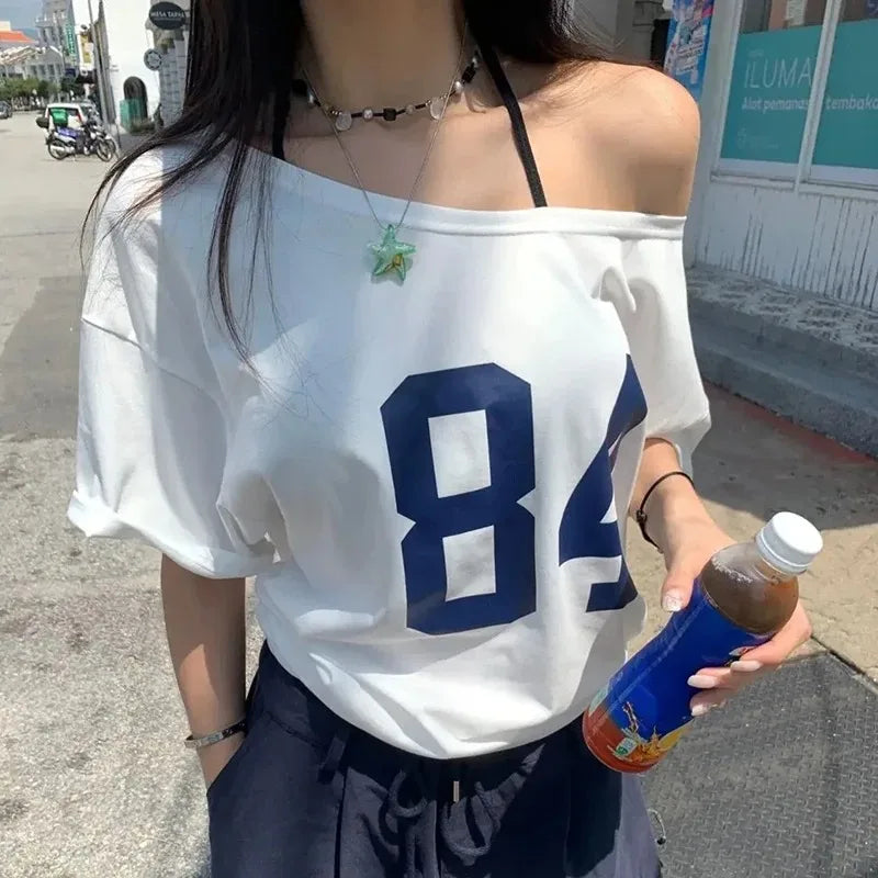 Print White Short Sleeve One Shoulder T-shirt Street Style Tee Vintage Streetwear Y2k Tops Women Summer Cotton T Shirt