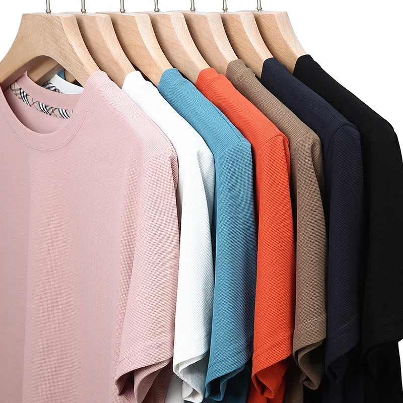 2024 Men's New Waffle Round Neck Short Sleeved T-shirt Summer Comfortable Top