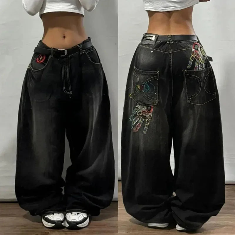 American Fashion Trend Joker Pattern Embroidered Loose Jeans Street Y2K New Hip Hop Oversized Wide-leg Pants Unisex Jeans