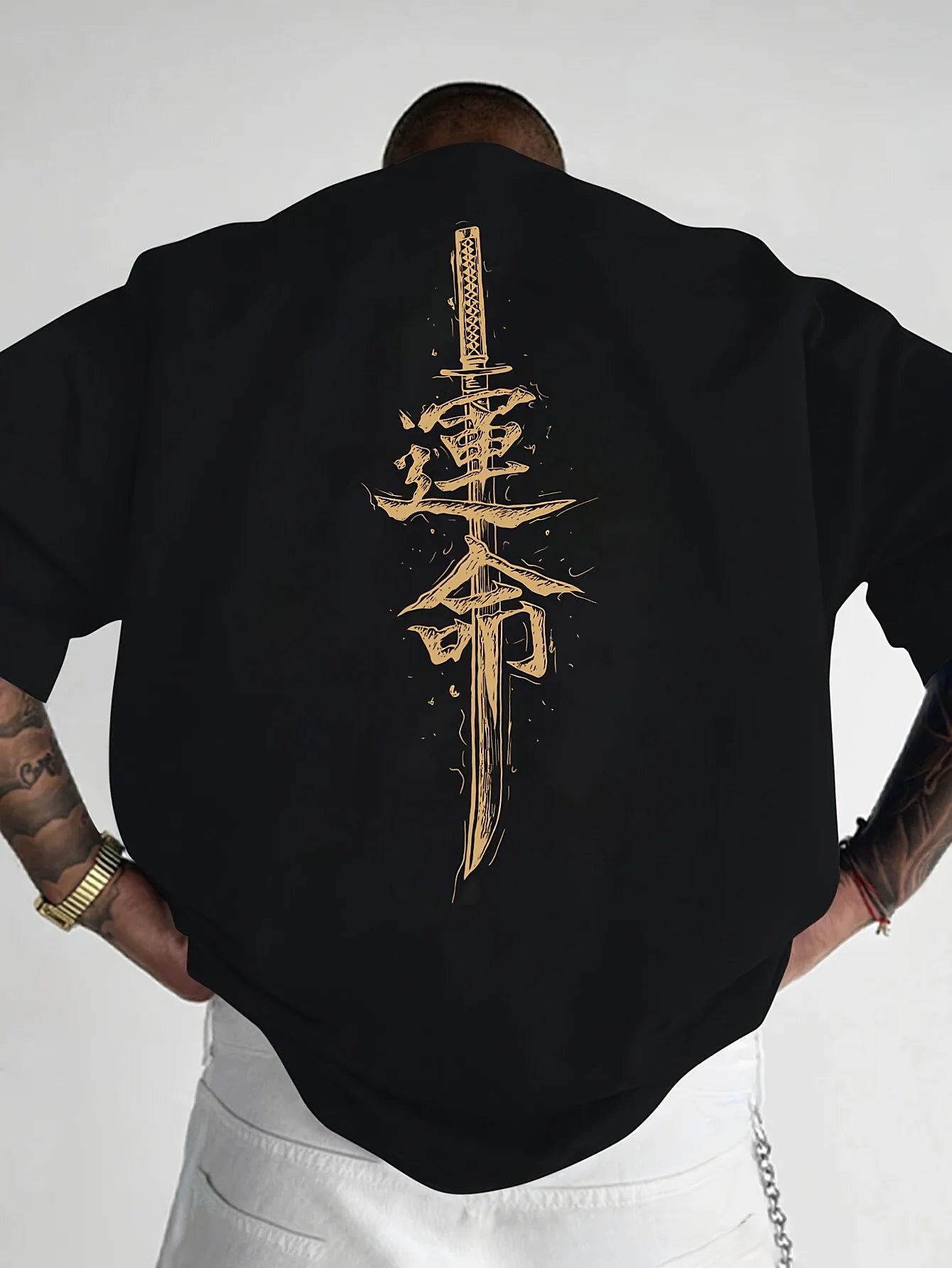 Men's summer 100% pure cotton fashionable casual loose Japanese samurai sword pattern printed round neck short sleeved T-shirt