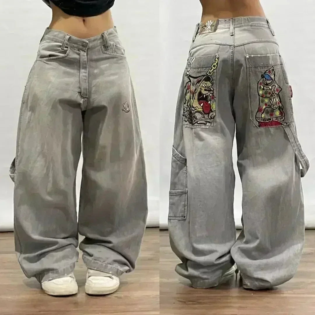 American Fashion Trend Joker Pattern Embroidered Loose Jeans Street Y2K New Hip Hop Oversized Wide-leg Pants Unisex Jeans