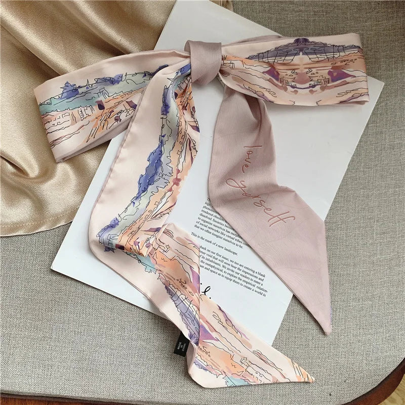 White and tender light-colored small silk scarves for women, thin streamers in spring and summer, hair tied, bag decoration