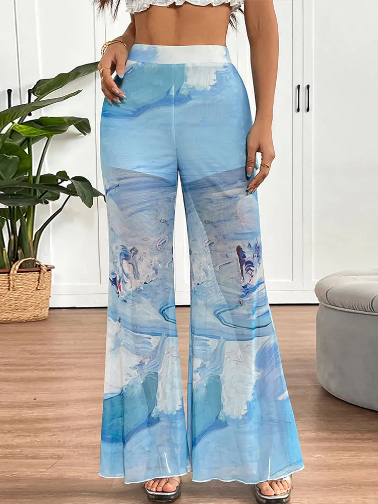 Sexy Women Trousers Summer New Streetwear Fashion Tie Dye Print Casual Slim Mesh Trousers Elegant Lady Versatile Pants Clothing