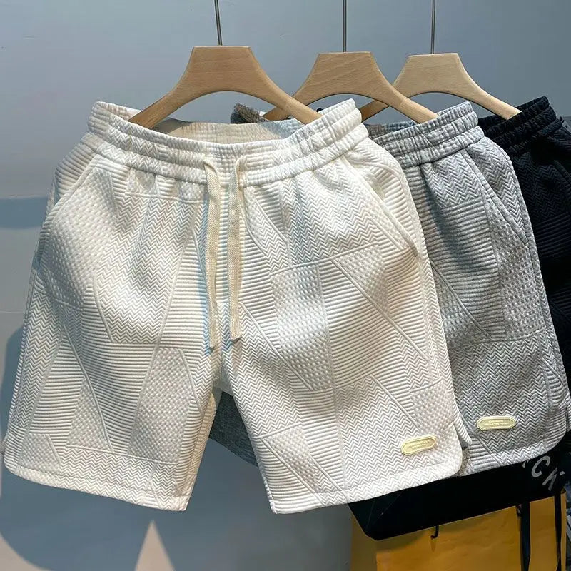 Summer Running Shorts Men Casual Jogging Sport Short Pants Wave Pattern Solid Color Drawstring Loose Dry Gym Sports Shorts