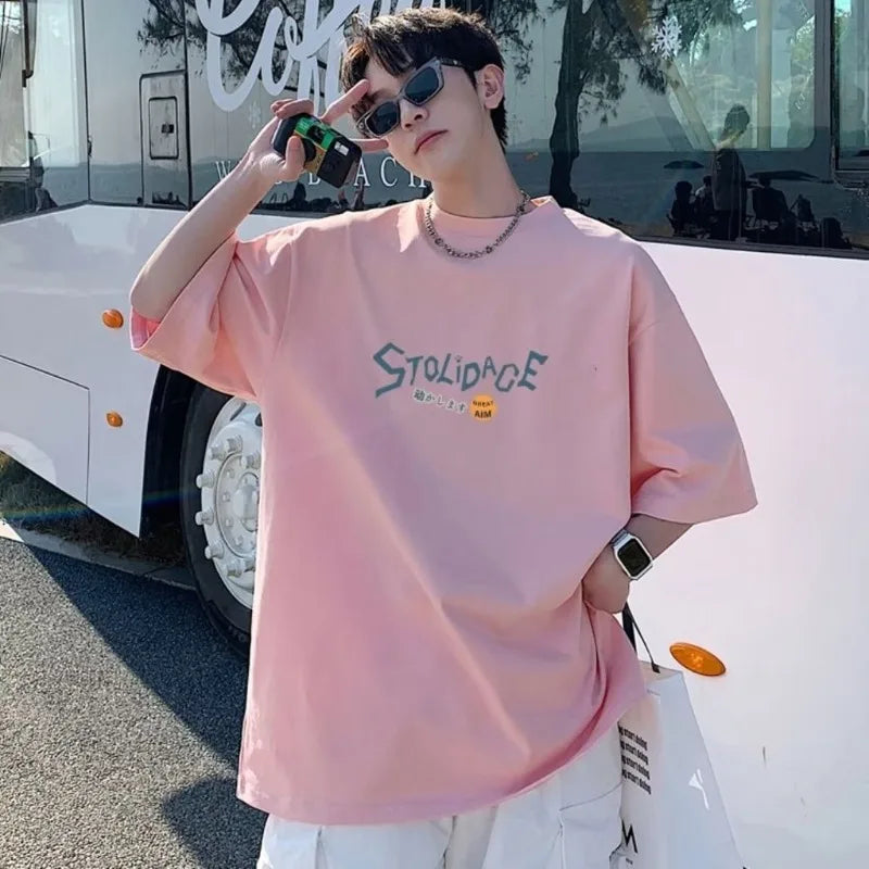 Men Oversize Korean Fashion Loose American Love Puppet Rabbit Print Short Sleeve Round Neck Versatile Trend Couple outfit