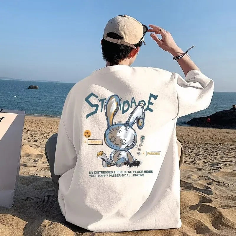 Men Oversize Korean Fashion Loose American Love Puppet Rabbit Print Short Sleeve Round Neck Versatile Trend Couple outfit