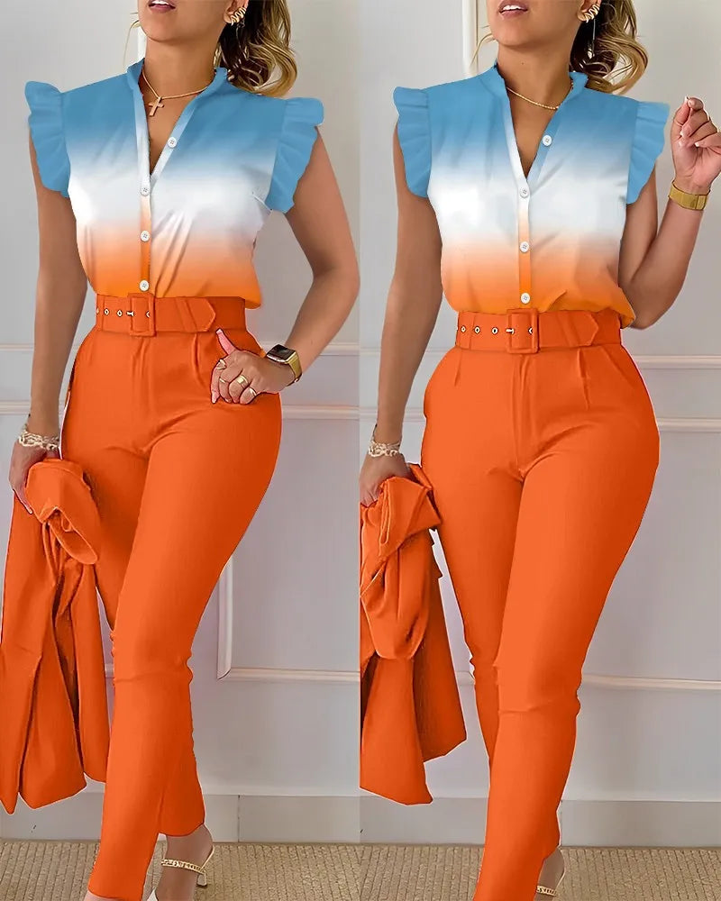 Summer Women's Flower Print Lotus Leaf Sleeve High Waist Pants Set Waist Belt Women's V-Neck Two Piece Set Work Suit Set