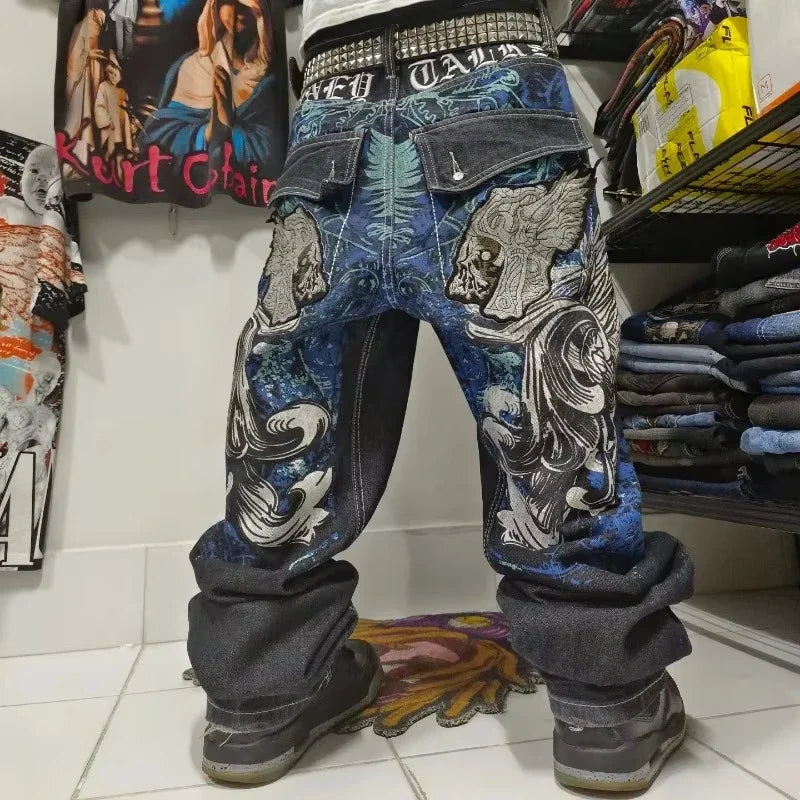 American Fashion Trend Joker Pattern Embroidered Loose Jeans Street Y2K New Hip Hop Oversized Wide-leg Pants Unisex Jeans