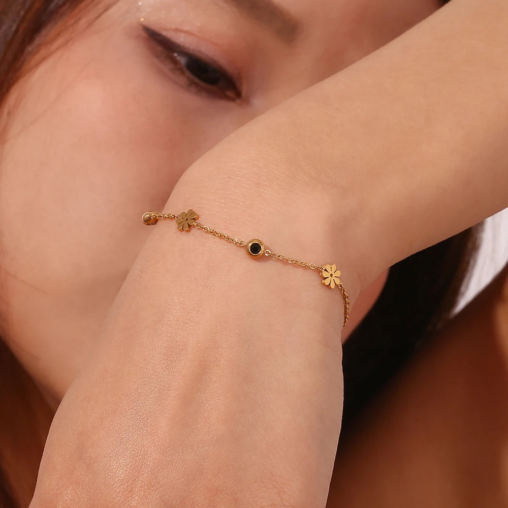 E.B.belle Waterproof Elegant sparking bracelets flower thin chain High quality Stainless steel jewelry woman friends Gifts