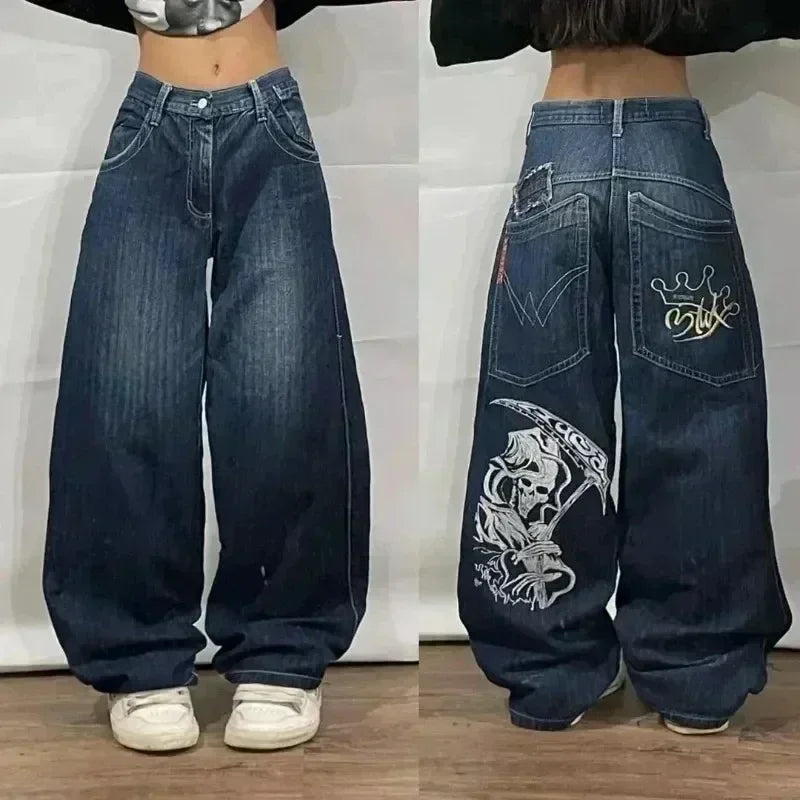 American Fashion Trend Joker Pattern Embroidered Loose Jeans Street Y2K New Hip Hop Oversized Wide-leg Pants Unisex Jeans