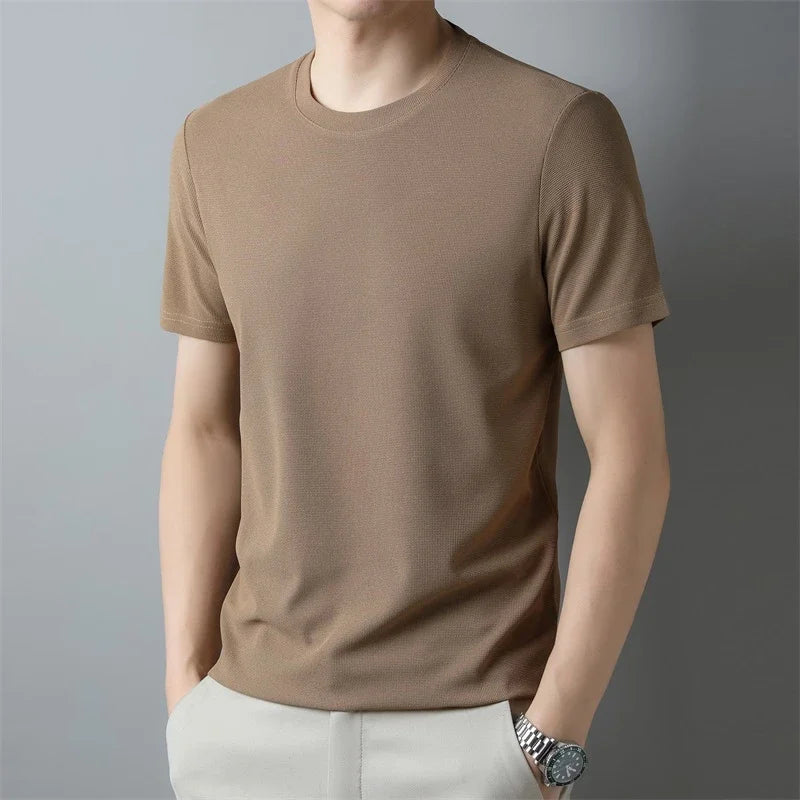 2024 Men's New Waffle Round Neck Short Sleeved T-shirt Summer Comfortable Top