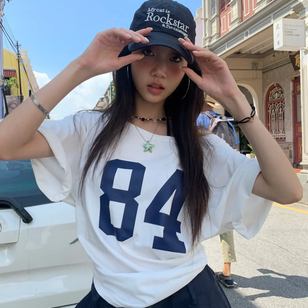 Print White Short Sleeve One Shoulder T-shirt Street Style Tee Vintage Streetwear Y2k Tops Women Summer Cotton T Shirt
