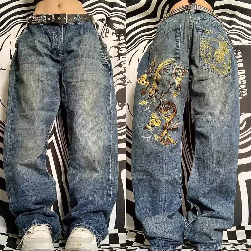 American Fashion Trend Joker Pattern Embroidered Loose Jeans Street Y2K New Hip Hop Oversized Wide-leg Pants Unisex Jeans
