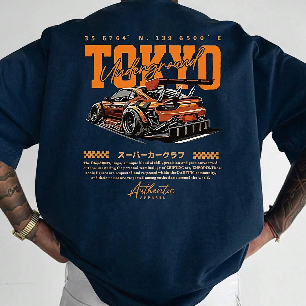 Men's Summer 100% Cotton Fashionable Casual Loose Large Size Japanese Tokyo Pattern Printed Round Neck Short Sleeve T-shirt Top