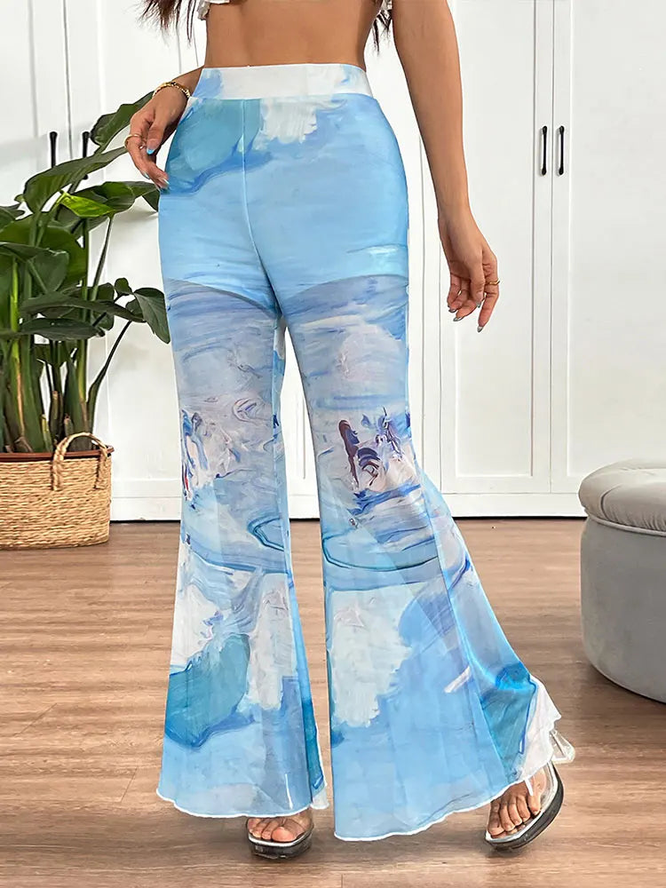 Sexy Women Trousers Summer New Streetwear Fashion Tie Dye Print Casual Slim Mesh Trousers Elegant Lady Versatile Pants Clothing