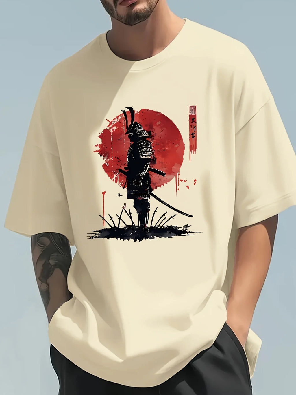 Men's Summer 100 Cotton Fashionable Casual Loose Japanese Samurai Pattern Printed Round Neck Short Sleeve T-shirt Top