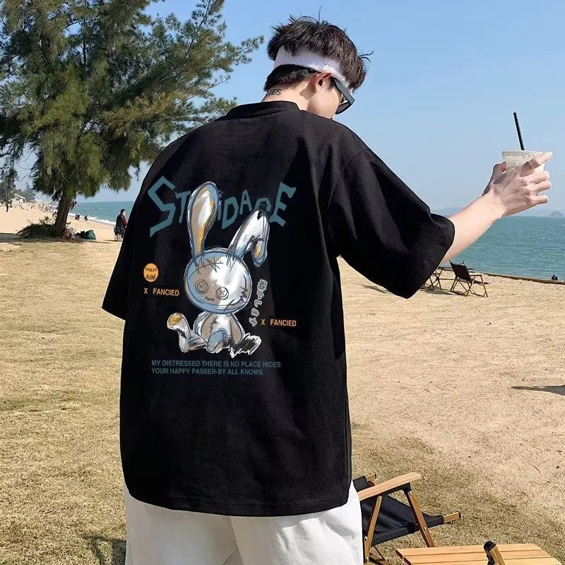 Men Oversize Korean Fashion Loose American Love Puppet Rabbit Print Short Sleeve Round Neck Versatile Trend Couple outfit