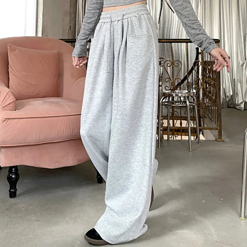 New Streetwear Girls High Waist Pants Female Casual Baggy Straight Leg Trousers Women Fashion Solid Color Drawstring Pants