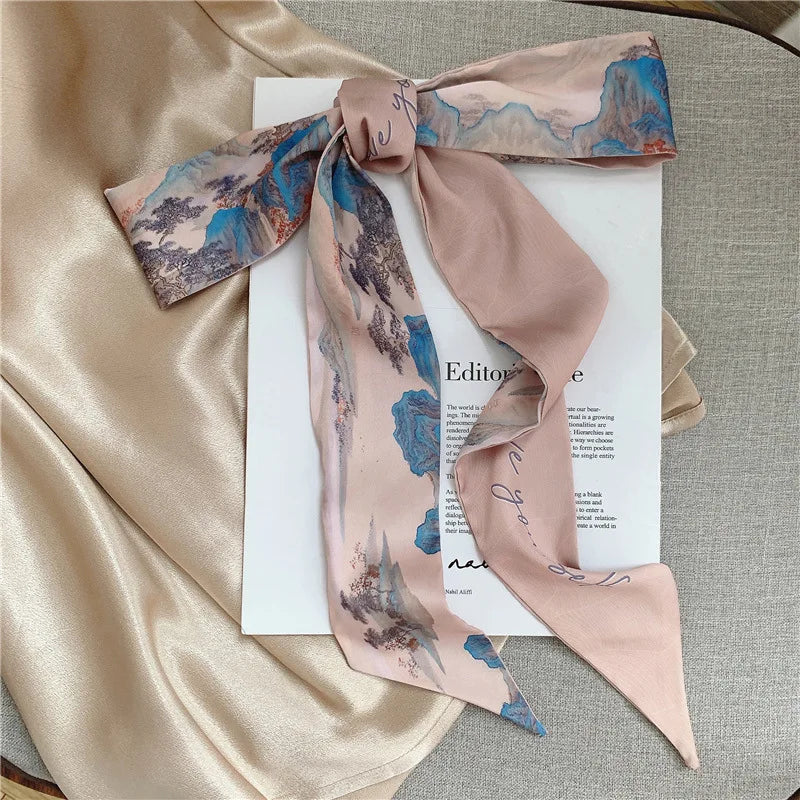 White and tender light-colored small silk scarves for women, thin streamers in spring and summer, hair tied, bag decoration