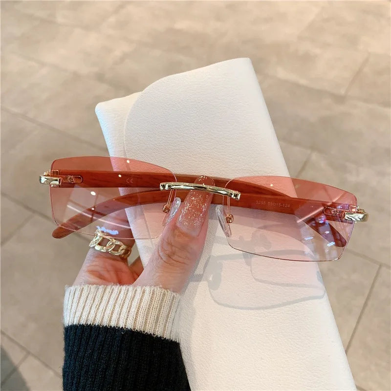 Sunglasses European and American Men's and Women's Frameless Imitation Wood Grain Leg Sunglasses