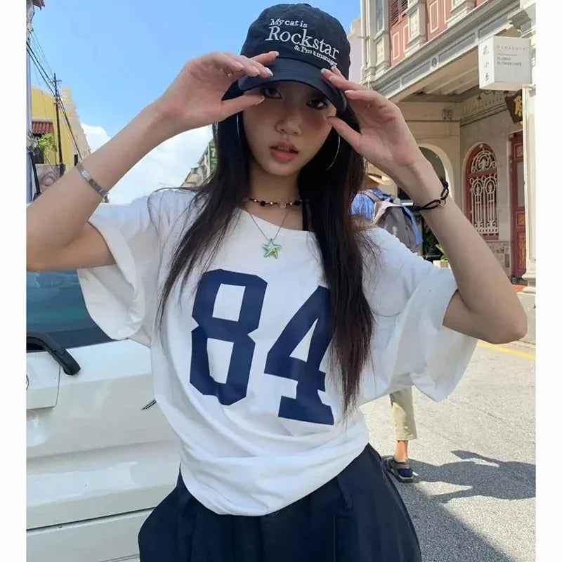 Print White Short Sleeve One Shoulder T-shirt Street Style Tee Vintage Streetwear Y2k Tops Women Summer Cotton T Shirt