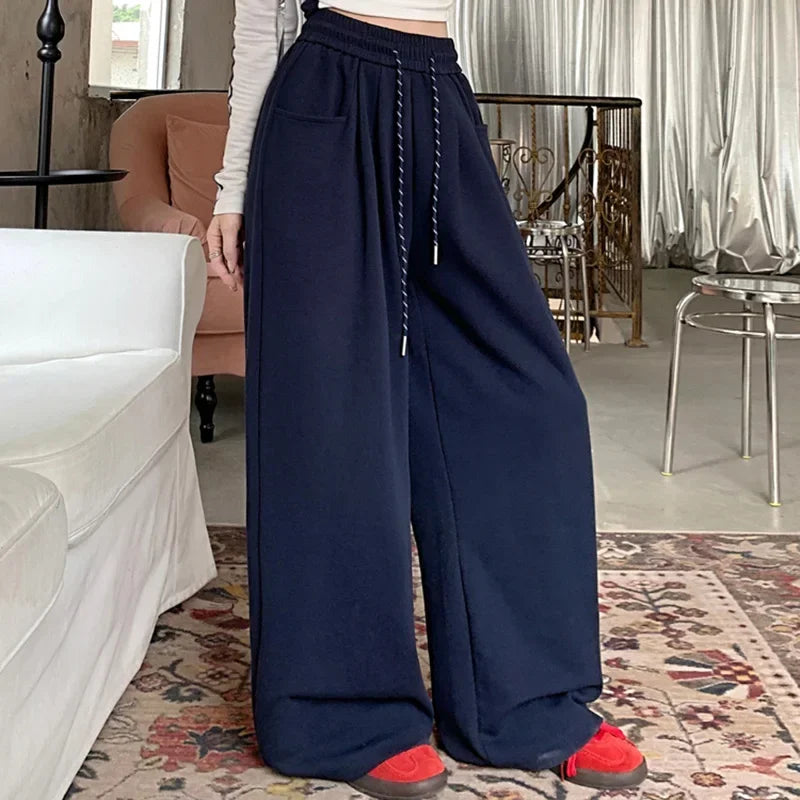 New Streetwear Girls High Waist Pants Female Casual Baggy Straight Leg Trousers Women Fashion Solid Color Drawstring Pants