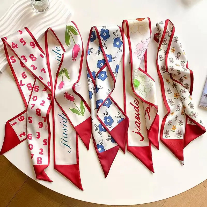 White and tender light-colored small silk scarves for women, thin streamers in spring and summer, hair tied, bag decoration
