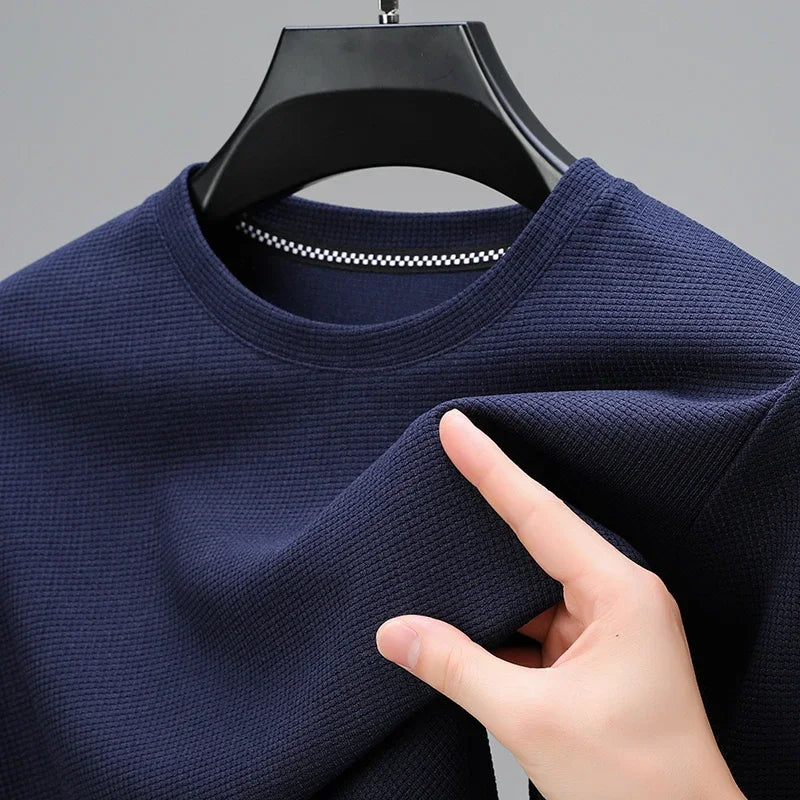 2024 Men's New Waffle Round Neck Short Sleeved T-shirt Summer Comfortable Top