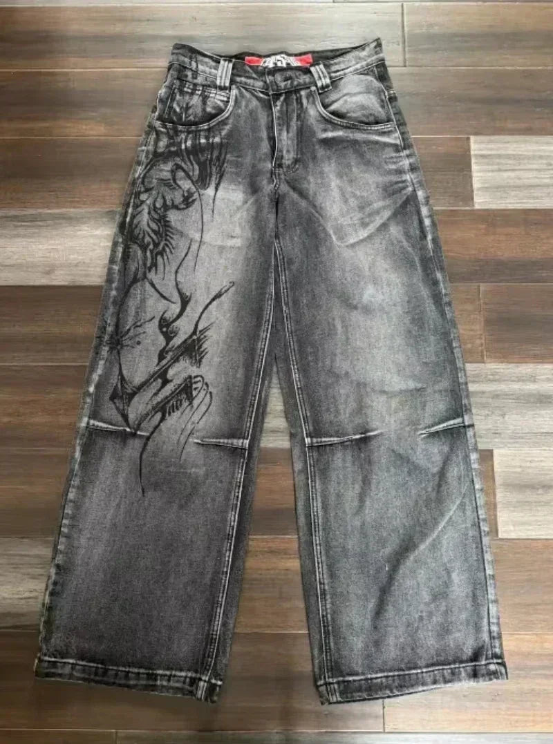 American Fashion Trend Joker Pattern Embroidered Loose Jeans Street Y2K New Hip Hop Oversized Wide-leg Pants Unisex Jeans