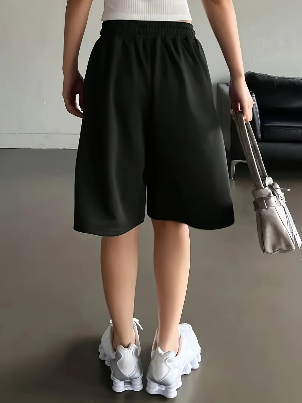 Women's street style retro elastic waist wide-leg sweatshirt shorts gray straight leg casual sports shorts short pants women