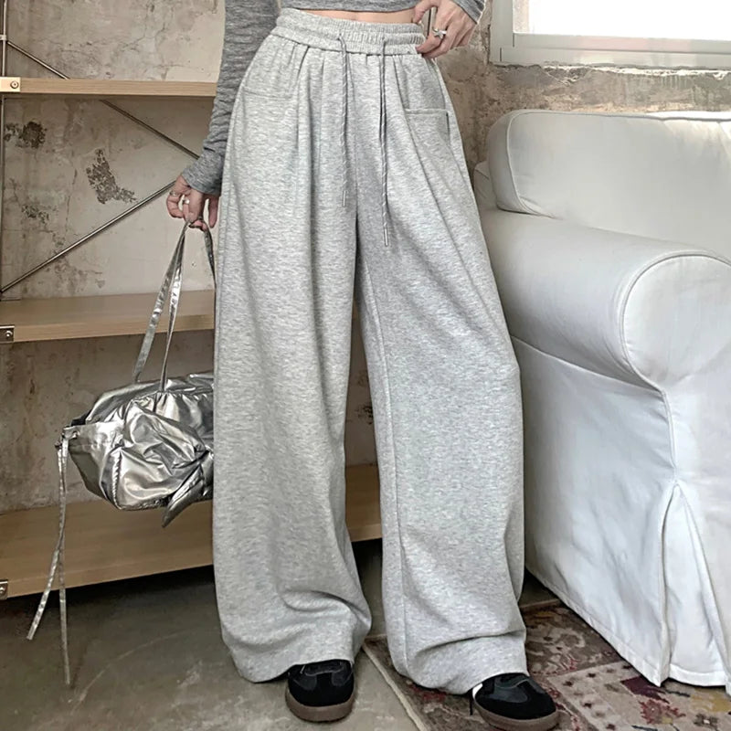 New Streetwear Girls High Waist Pants Female Casual Baggy Straight Leg Trousers Women Fashion Solid Color Drawstring Pants
