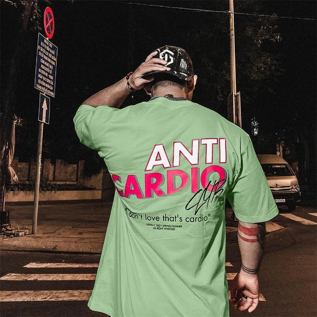 ANTI CARDIO Casual Oversized short sleeves cotton t shirt Gym Fitness Male Training Workout Cotton Tees Top New Fashion Clothes
