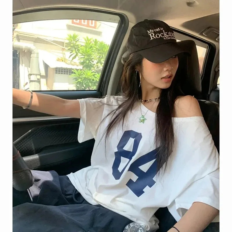 Print White Short Sleeve One Shoulder T-shirt Street Style Tee Vintage Streetwear Y2k Tops Women Summer Cotton T Shirt