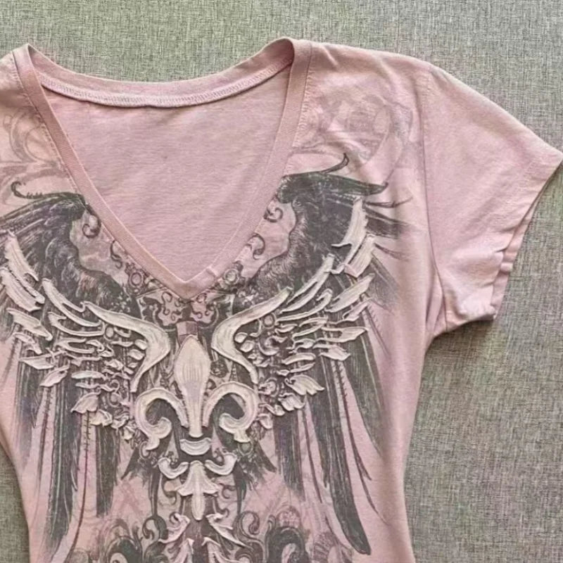 American Street Hottie T-shirt Vintage V-neck Tshirt 2000s Y2K Aesthetic Graphic Printed Tees Women's Punk Chic Tops Ropa Mujer