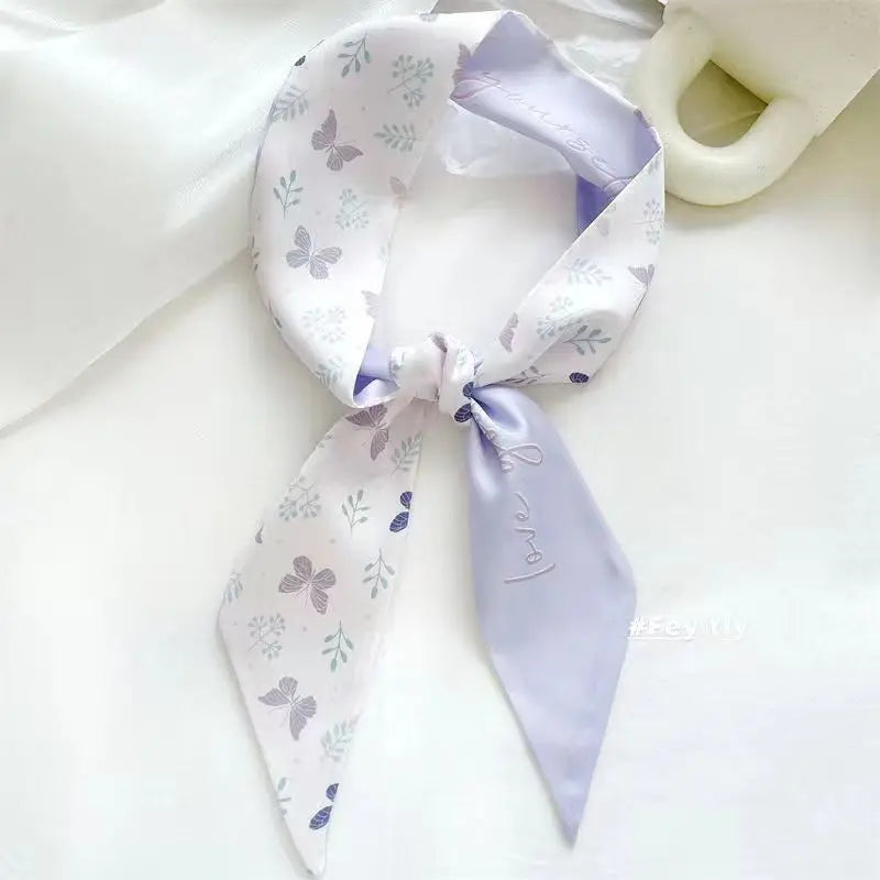 White and tender light-colored small silk scarves for women, thin streamers in spring and summer, hair tied, bag decoration