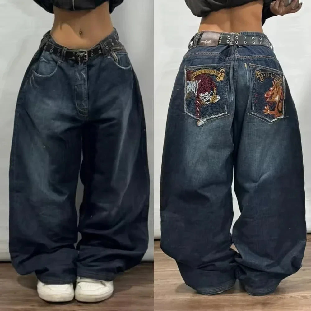 American Fashion Trend Joker Pattern Embroidered Loose Jeans Street Y2K New Hip Hop Oversized Wide-leg Pants Unisex Jeans