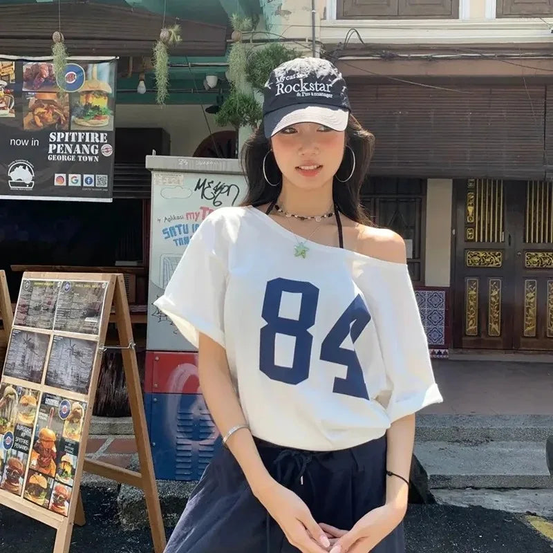 Print White Short Sleeve One Shoulder T-shirt Street Style Tee Vintage Streetwear Y2k Tops Women Summer Cotton T Shirt
